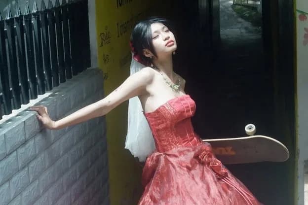 Hoàng Anh in a red strapless gown and veil, holding a skateboard in an alley