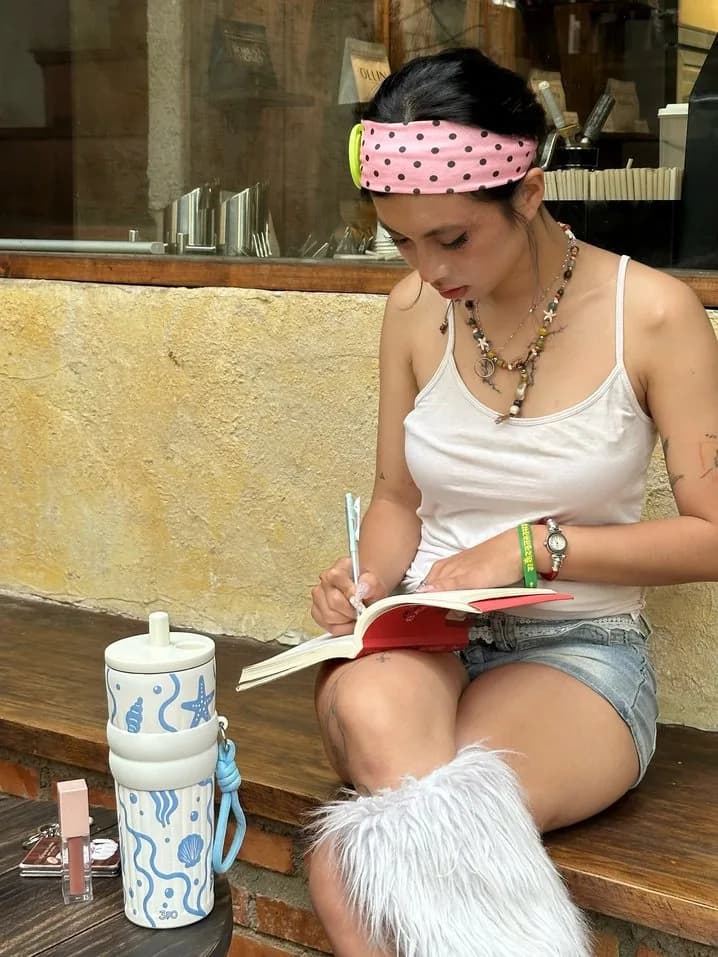 Hoàng Anh writing in a notebook at a café, pink headband and white tank