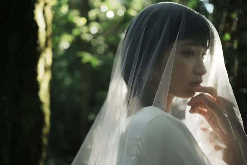 Hoàng Anh in profile under a sheer veil, forest light behind her